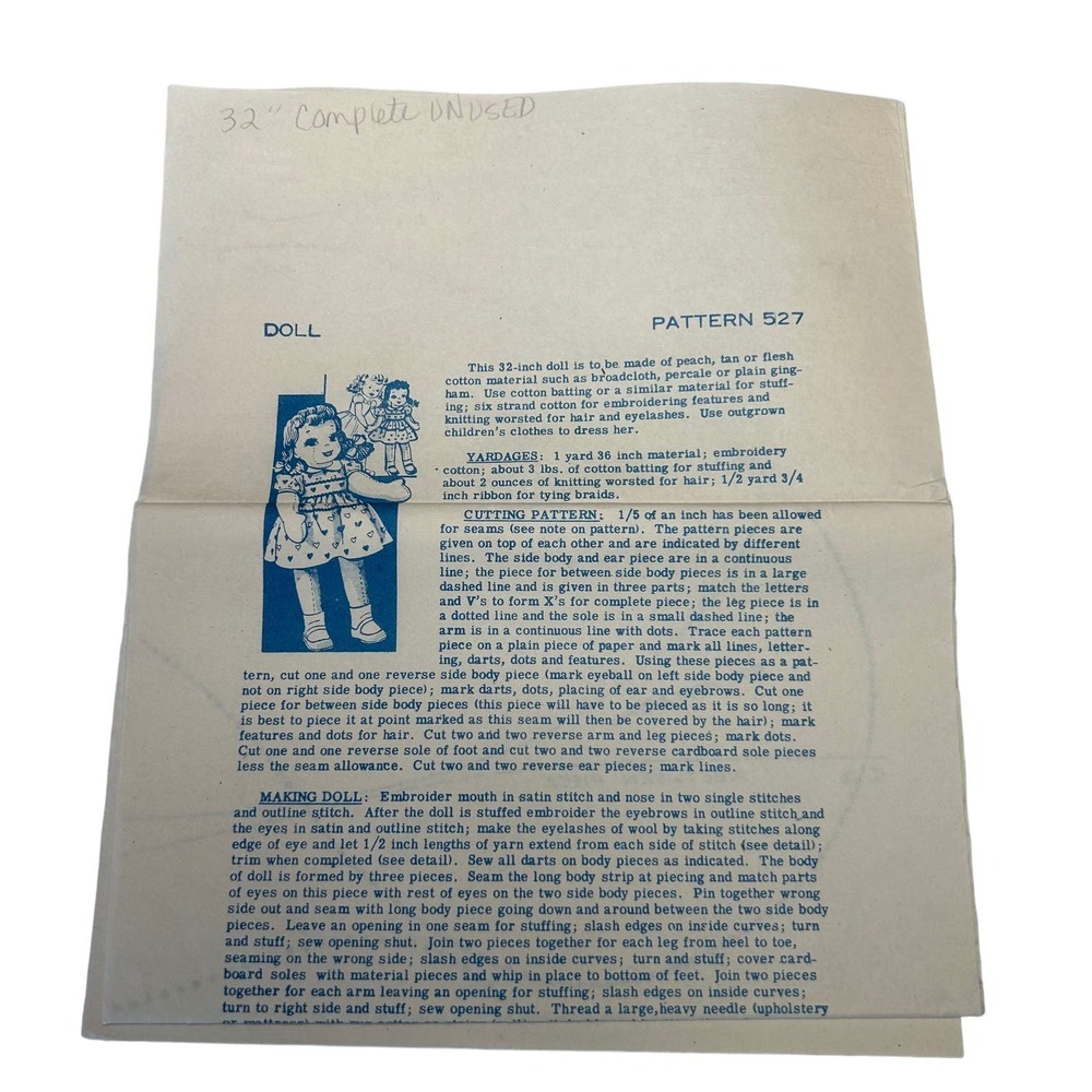Vintage Mail Order Doll Pattern #527 32"‎ Doll Only No Wardrobe HTF RARE